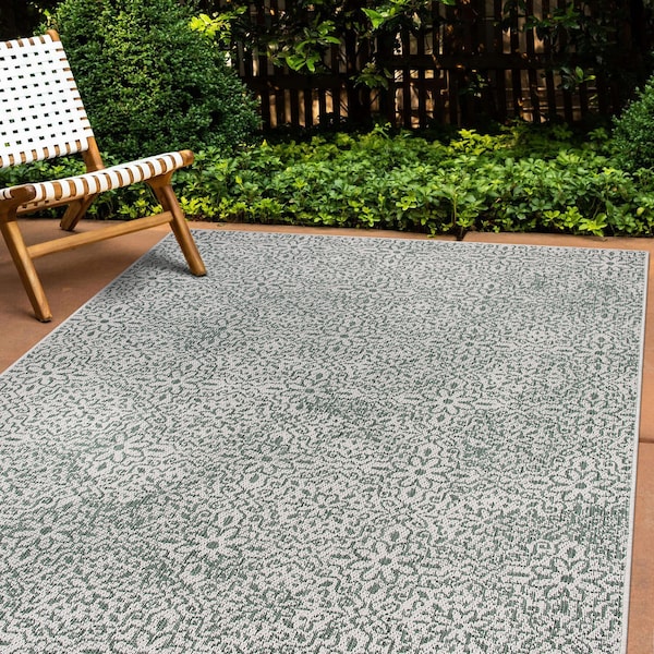 World Rug Gallery Contemporary Flowers Weather Resistant Indoor/Outdoor Area Rug 5' x 7' Green 4026GREEN5X7 - main